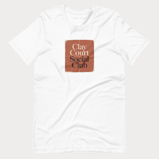 White Clay Court Social Club women's tennis T-shirt with a clay-red square graphic and lettering