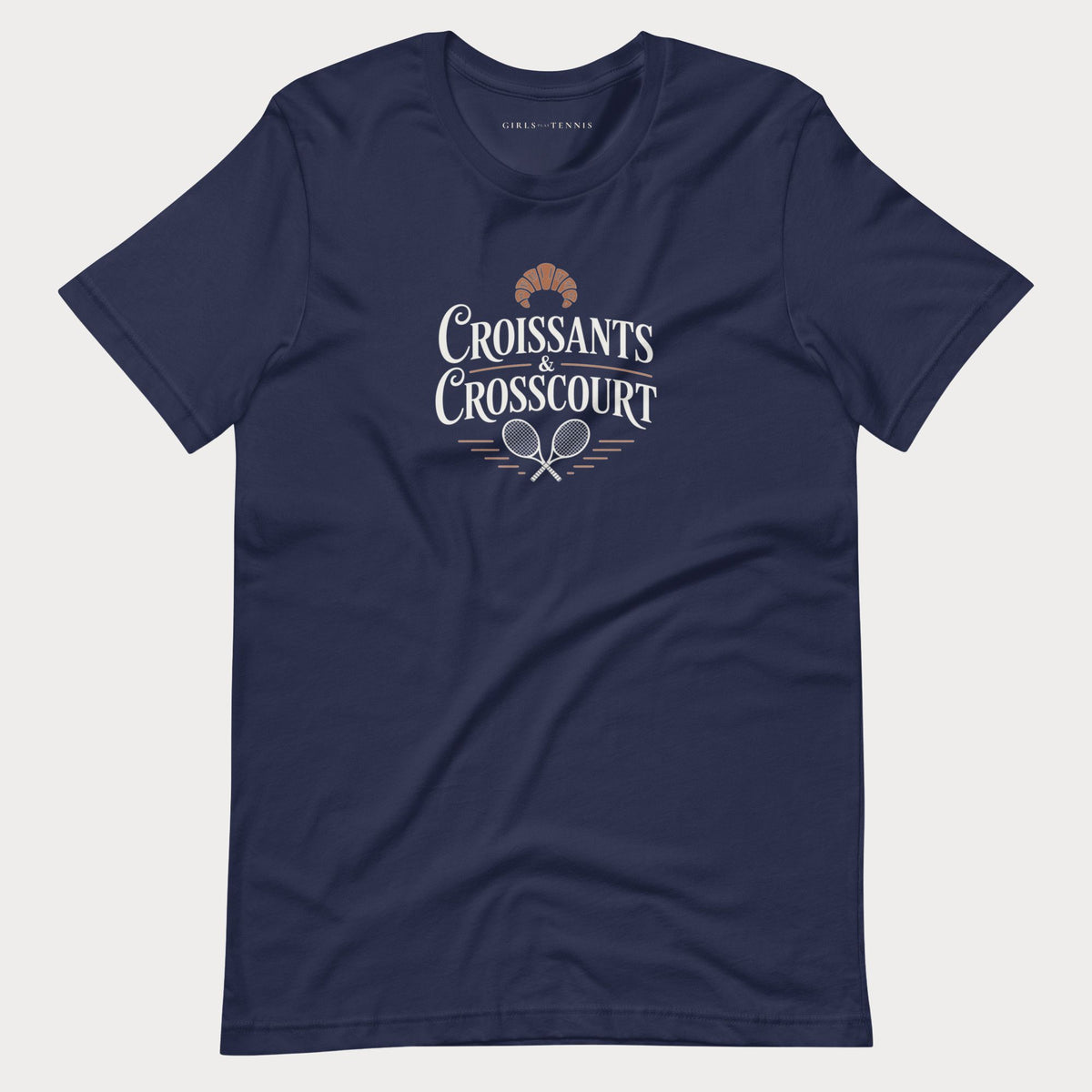 Navy Croissants & Crosscourt women's tennis T-shirt with a croissant above crossed rackets
