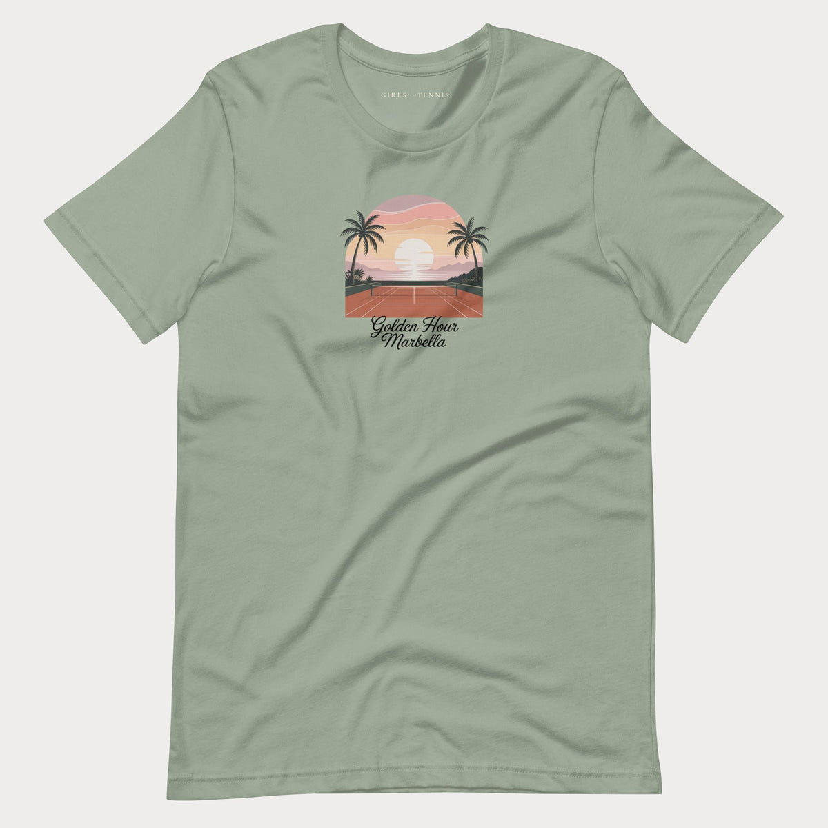 Sage green Golden Hour Marbella women's tennis T-shirt with a sunset over a clay court framed by palm trees
