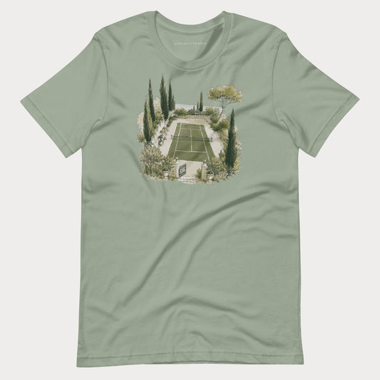 Sage green Hidden Court women's tennis T-shirt with an illustration of a garden tennis court framed by cypress trees