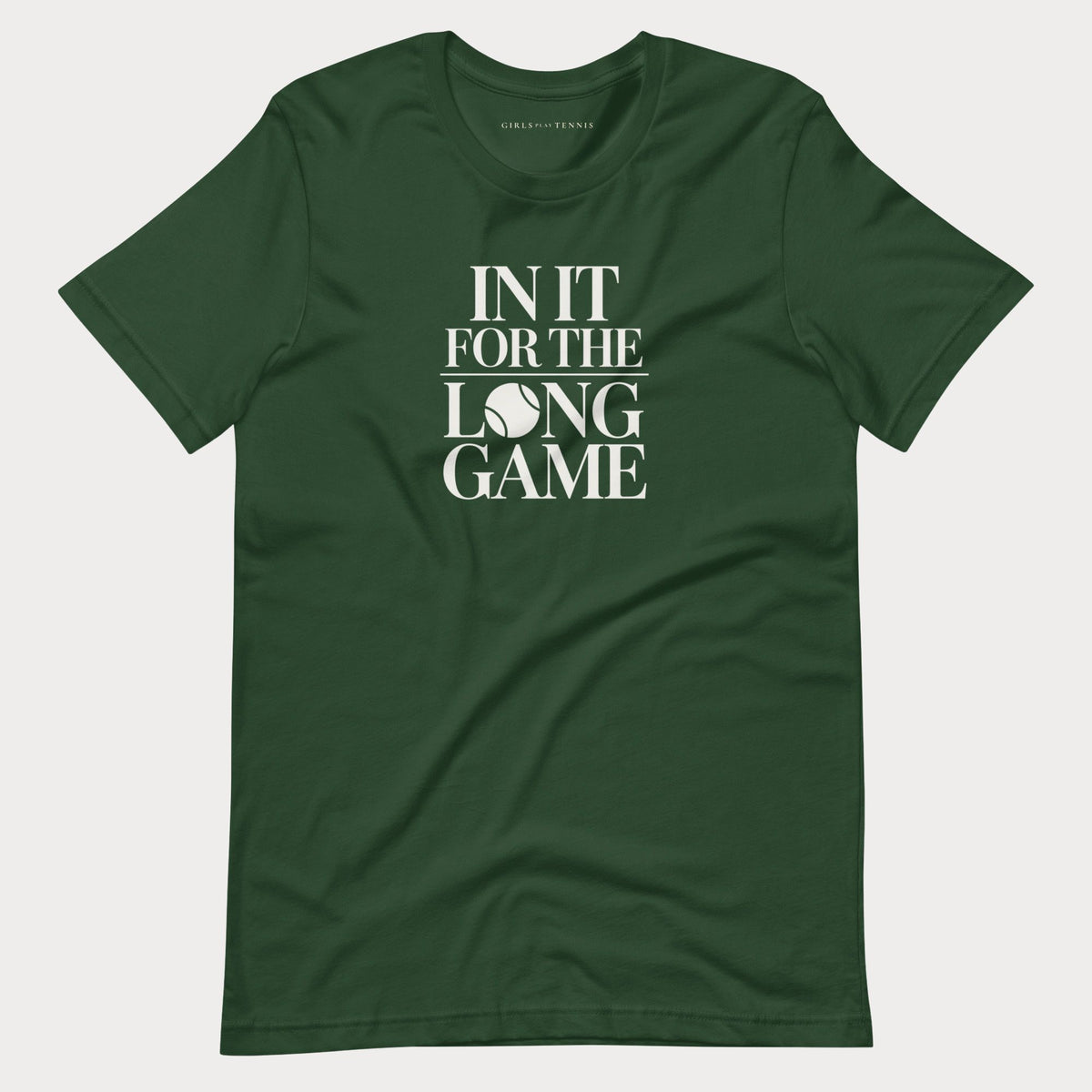 Forest green In It For The Long Game women's tennis T-shirt with stacked lettering and a tennis ball as the O