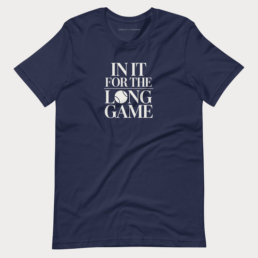 Navy In It For The Long Game women's tennis T-shirt with stacked lettering and a tennis ball as the O