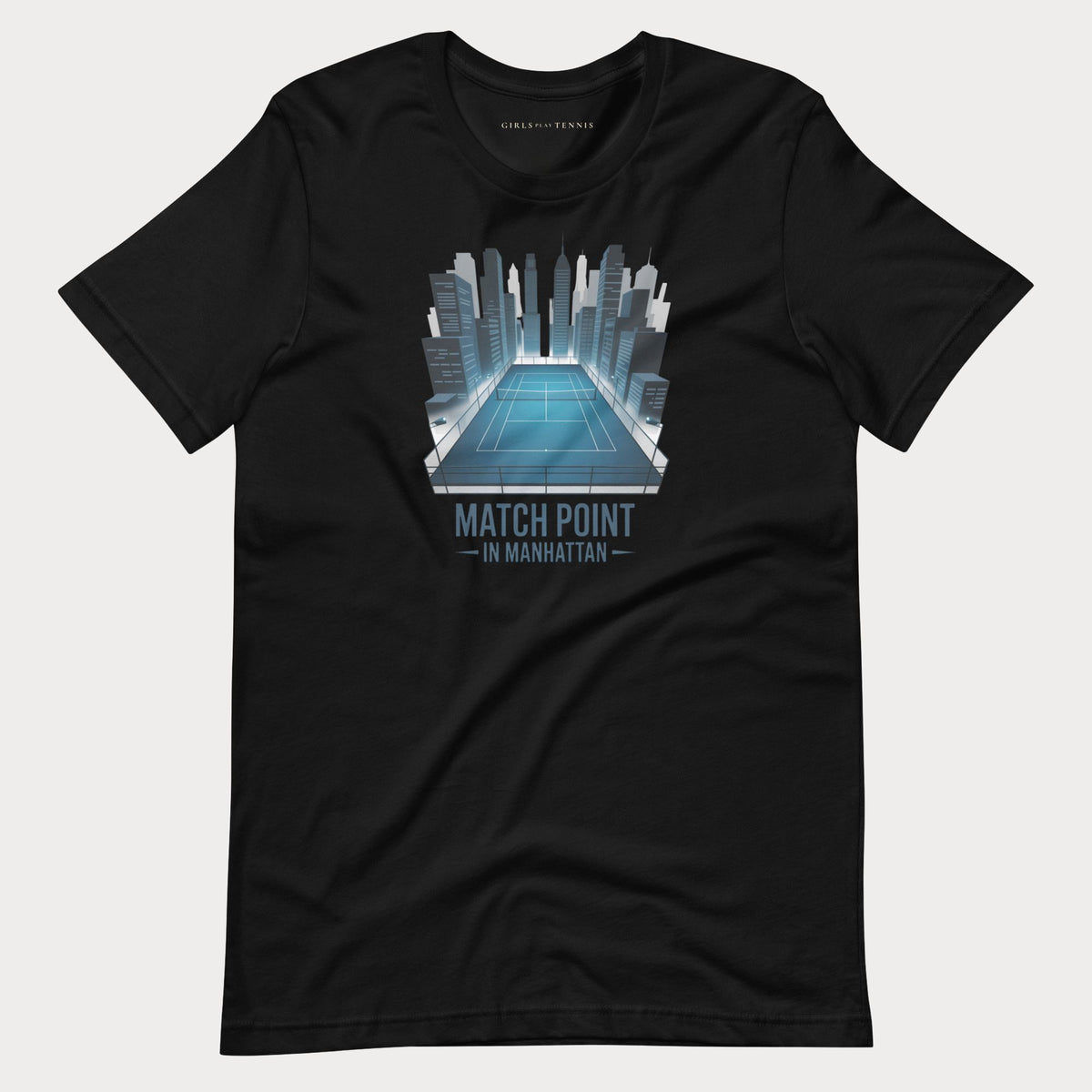 Black Match Point in Manhattan women's tennis T-shirt with a blue tennis court surrounded by skyscrapers