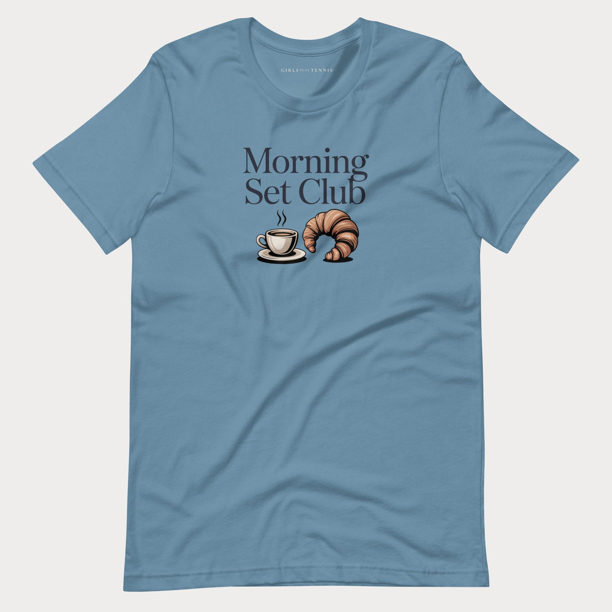 Steel blue Morning Set Club women's tennis T-shirt with a coffee cup and croissant graphic