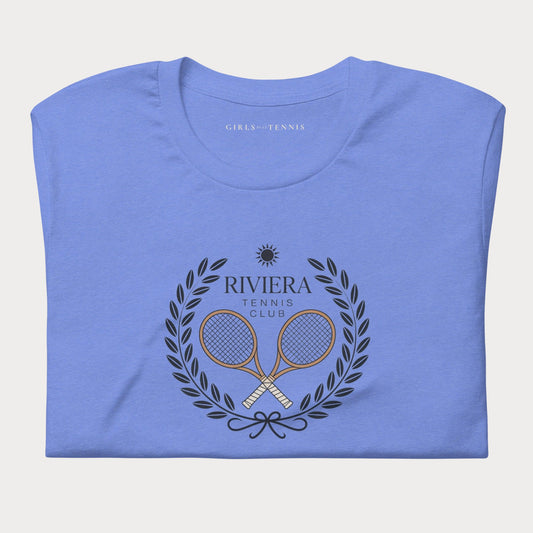 Folded blue Riviera Tennis Club women's tennis T-shirt with a laurel wreath and crossed rackets