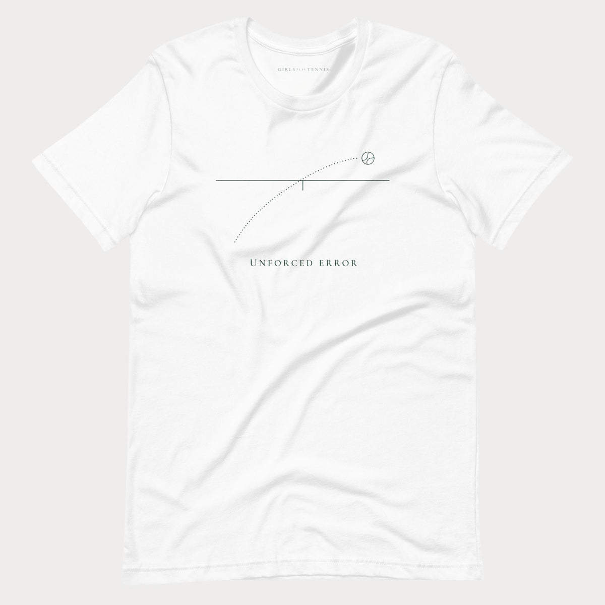White Unforced Error women's tennis T-shirt with a thin line drawing of a ball arcing over a net