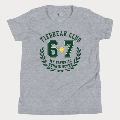 A heather gray short-sleeve t-shirt with a green and yellow graphic on the front that reads 'TIEBREAK CLUB 6.7 MY FAVORITE TENNIS SCORE' with a laurel wreath.