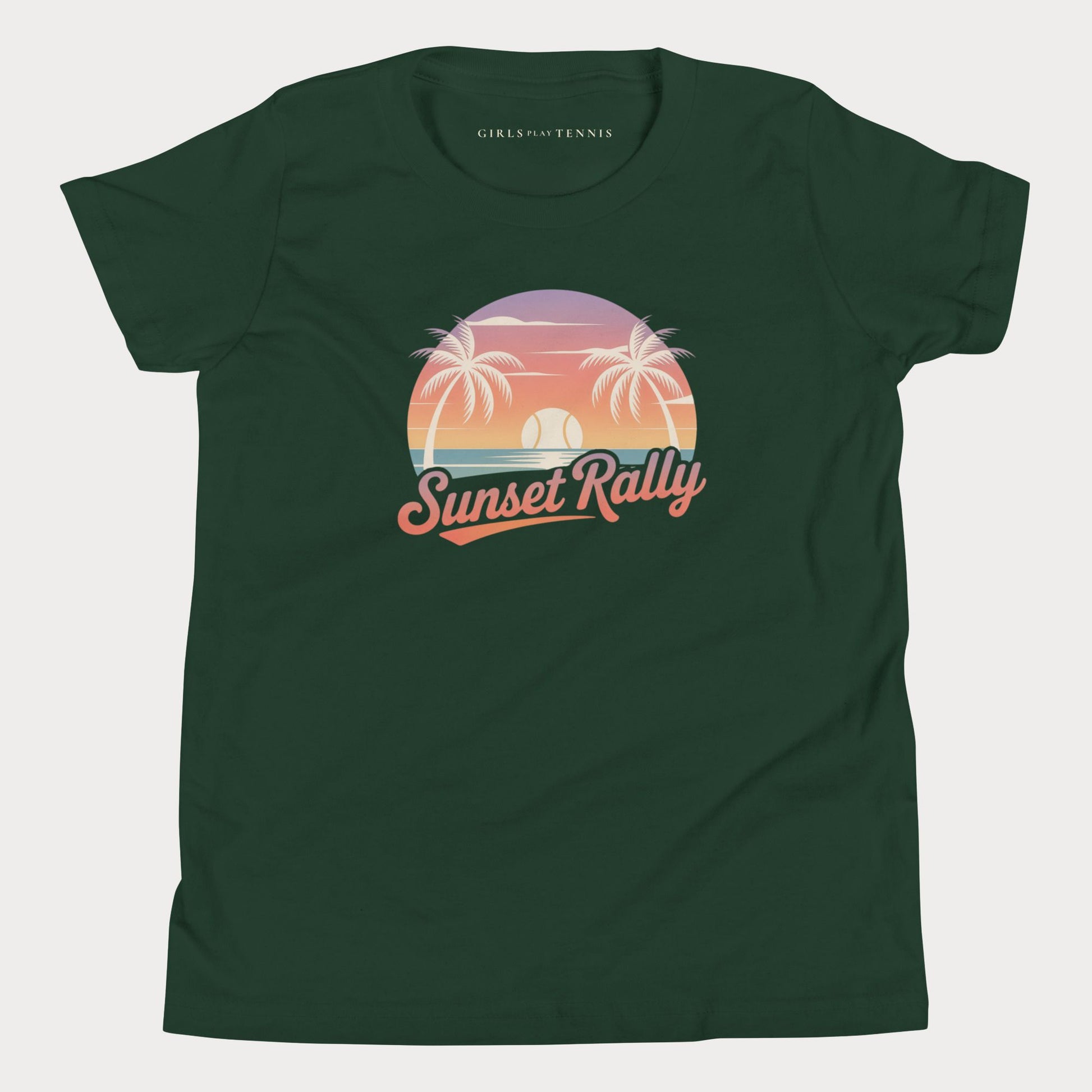 A dark green short-sleeve t-shirt with a retro sunset graphic on the chest featuring palm trees and the text 'Sunset Rally'. The brand name 'GIRLS ON TENNIS' is printed inside the collar.