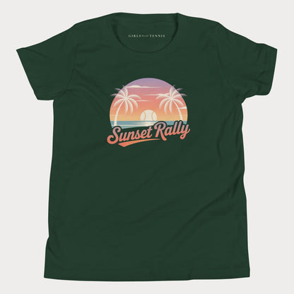 A dark green short-sleeve t-shirt with a retro sunset graphic on the chest featuring palm trees and the text 'Sunset Rally'. The brand name 'GIRLS ON TENNIS' is printed inside the collar.