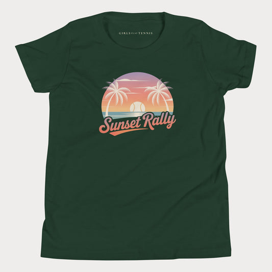 A dark green short-sleeve t-shirt with a retro sunset graphic on the chest featuring palm trees and the text 'Sunset Rally'. The brand name 'GIRLS ON TENNIS' is printed inside the collar.