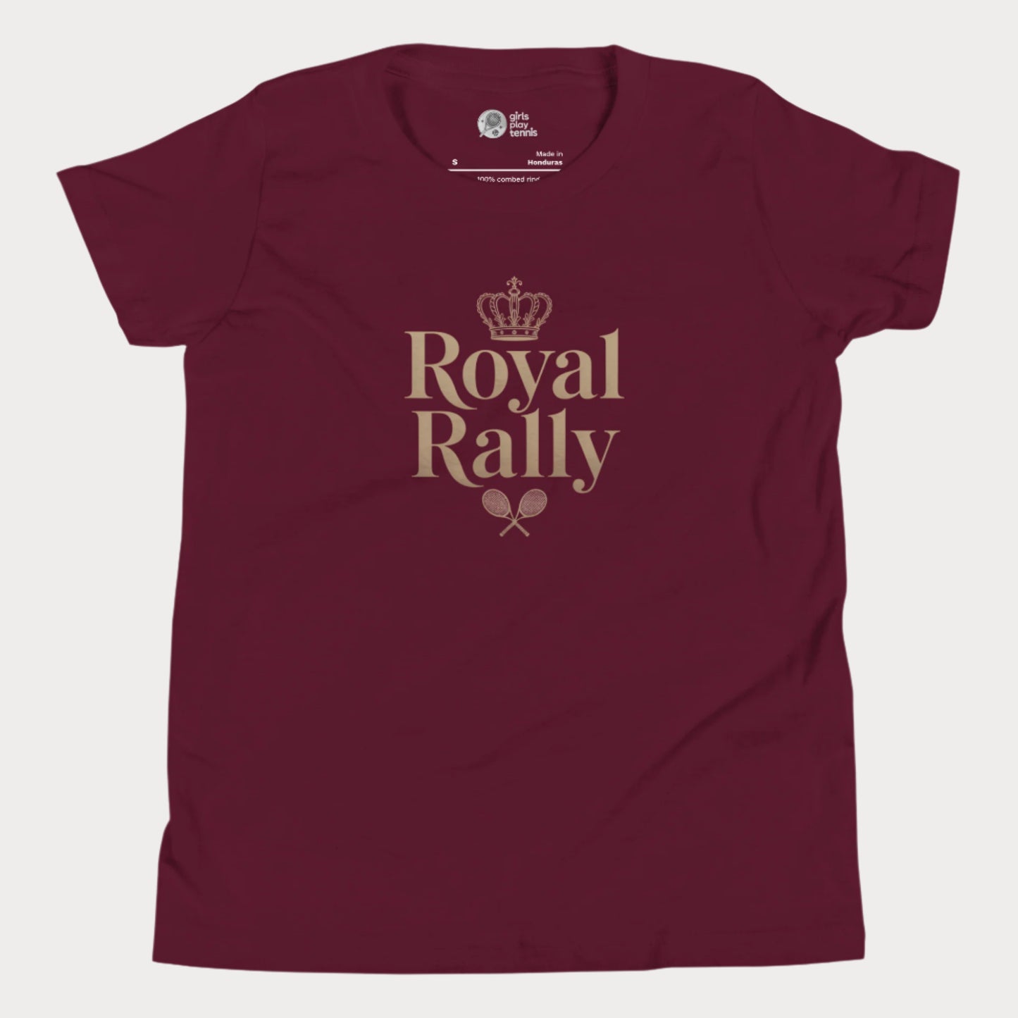 Burgundy girls’ tennis t-shirt with gold “Royal Rally” crown and rackets design 
