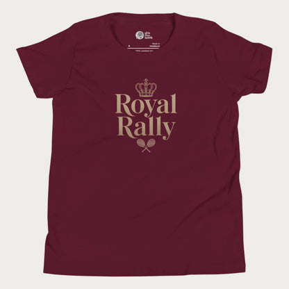 Burgundy girls’ tennis t-shirt with gold “Royal Rally” crown and rackets design 