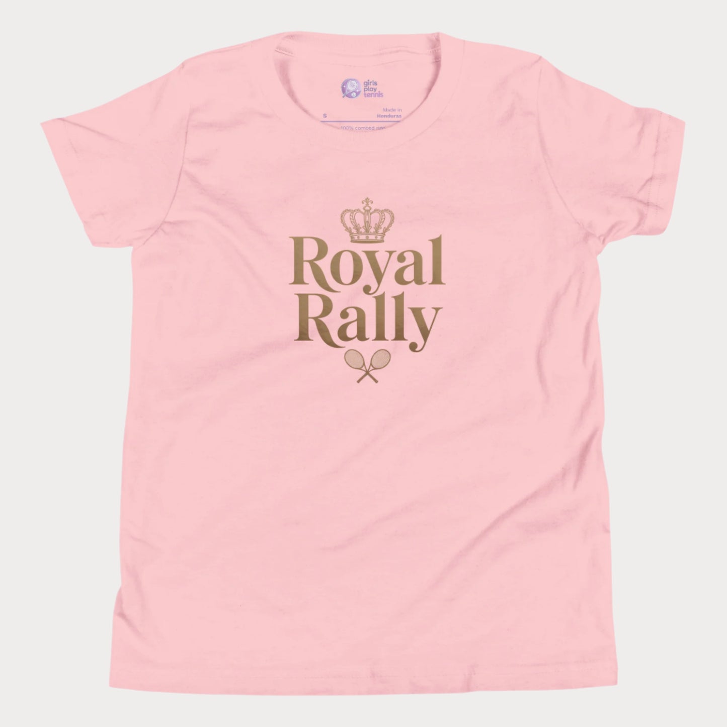 Pink girls’ tennis t-shirt with gold “Royal Rally” crown and rackets design 