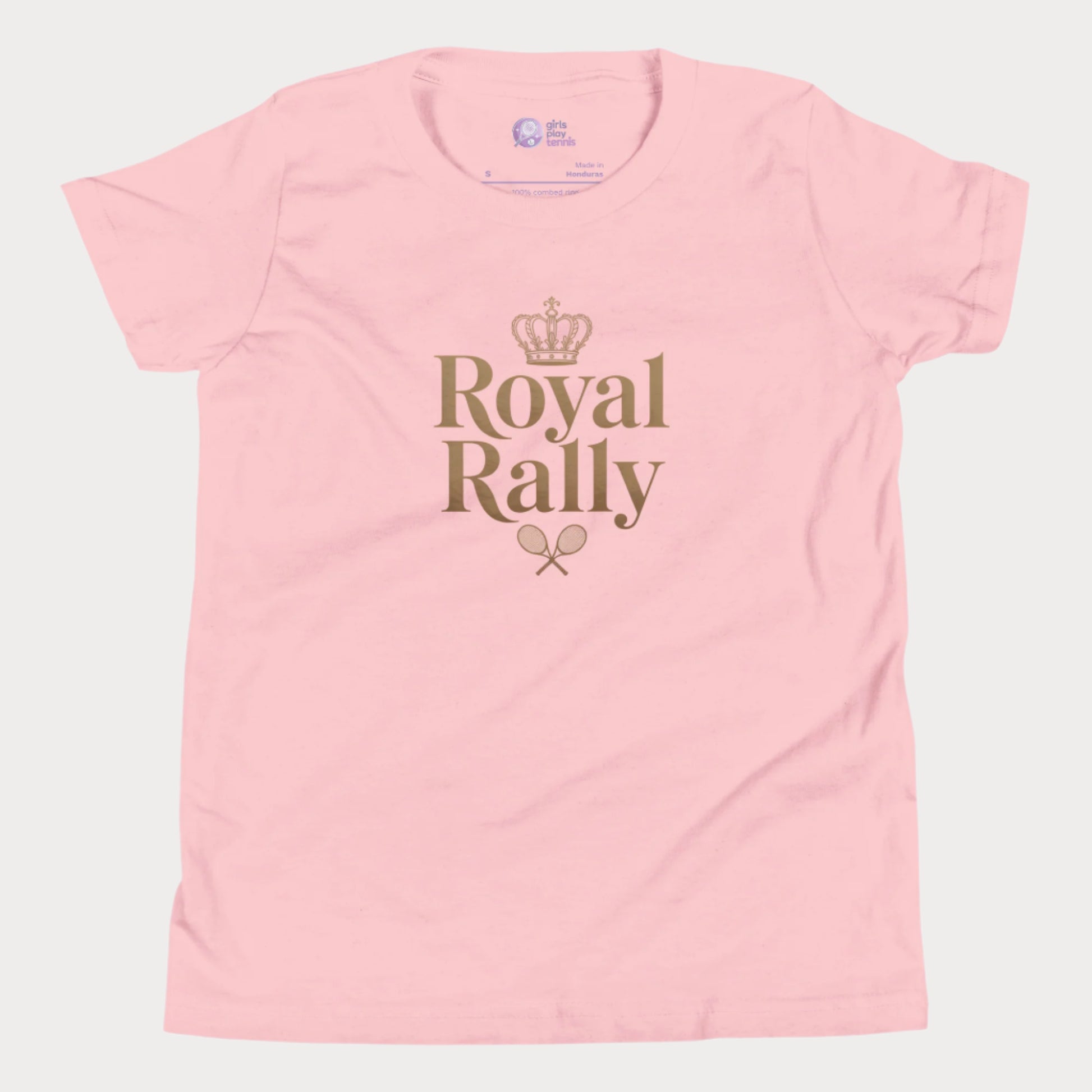 Pink girls’ tennis t-shirt with gold “Royal Rally” crown and rackets design 
