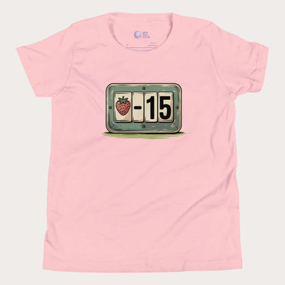 Girls’ pink t-shirt with strawberry tennis scoreboard design showing “-15”