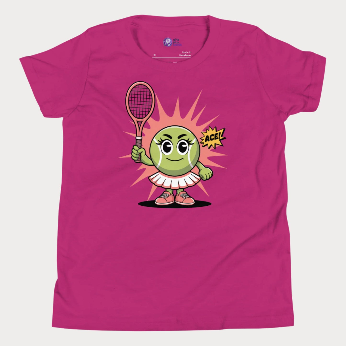 Berry girls tennis t-shirt featuring a cute cartoon tennis ball girl holding a racket with the word “ACE!” in a comic-style bubble