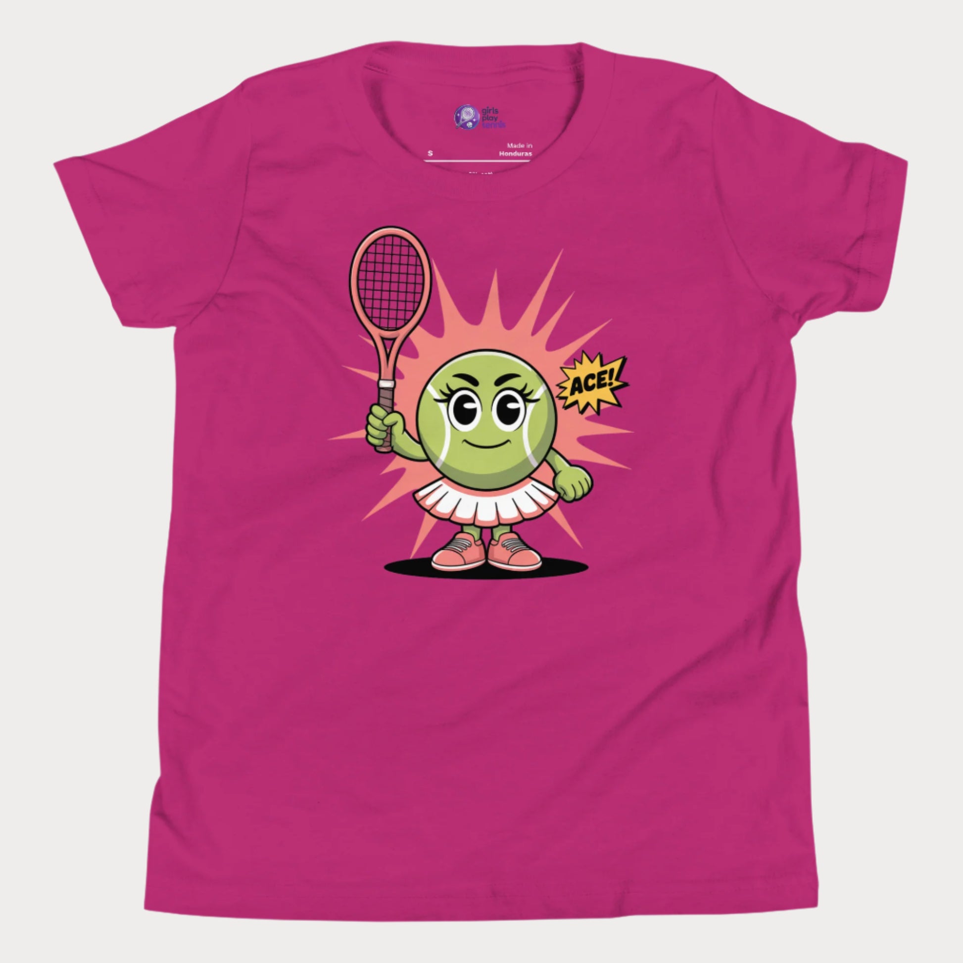 Berry girls tennis t-shirt featuring a cute cartoon tennis ball girl holding a racket with the word “ACE!” in a comic-style bubble