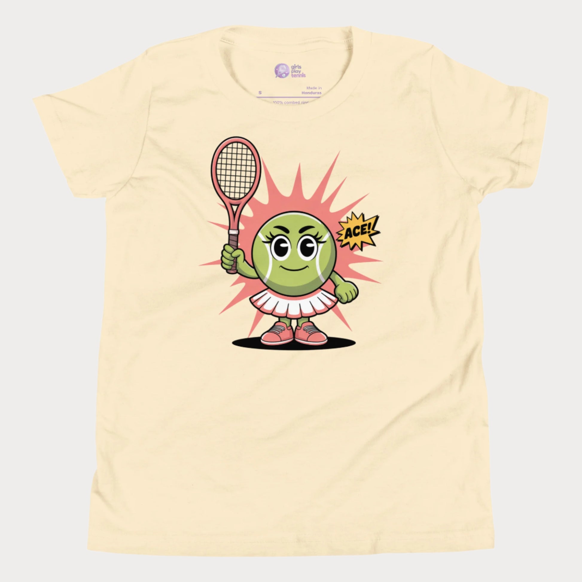 Butter yellow girls tennis t-shirt featuring a cute cartoon tennis ball girl holding a racket with the word “ACE!” in a comic-style bubble