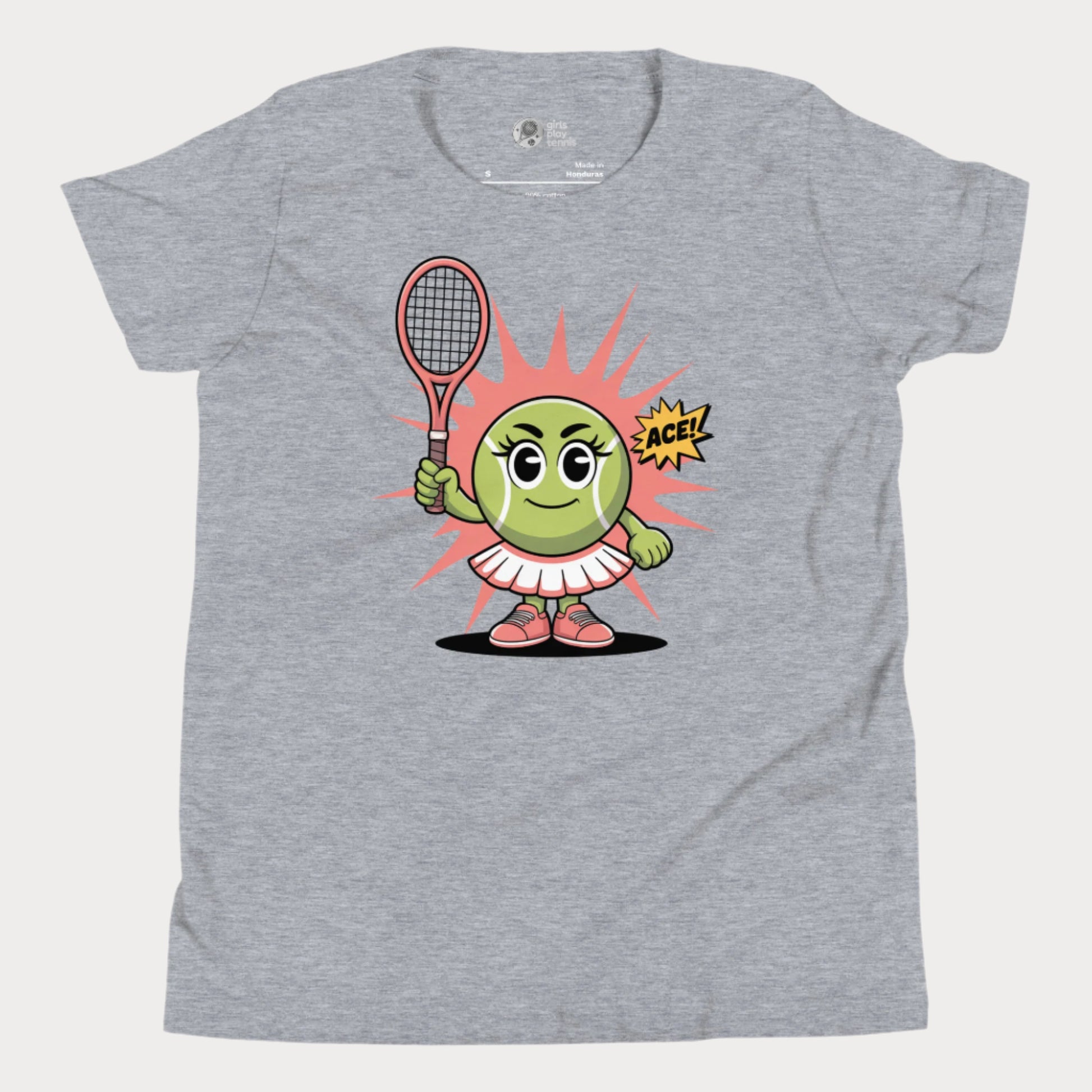Grey girls tennis t-shirt featuring a cute cartoon tennis ball girl holding a racket with the word “ACE!” in a comic-style bubble