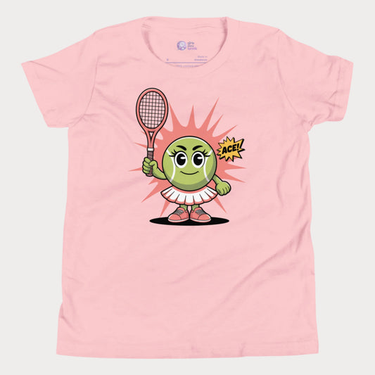 Pink girls tennis t-shirt featuring a cute cartoon tennis ball girl holding a racket with the word “ACE!” in a comic-style bubble.