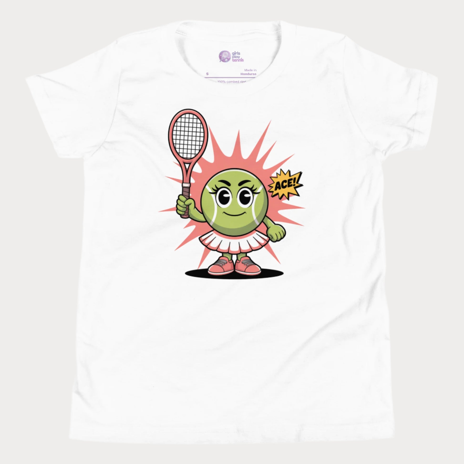 White girls tennis t-shirt featuring a cute cartoon tennis ball girl holding a racket with the word “ACE!” in a comic-style bubble