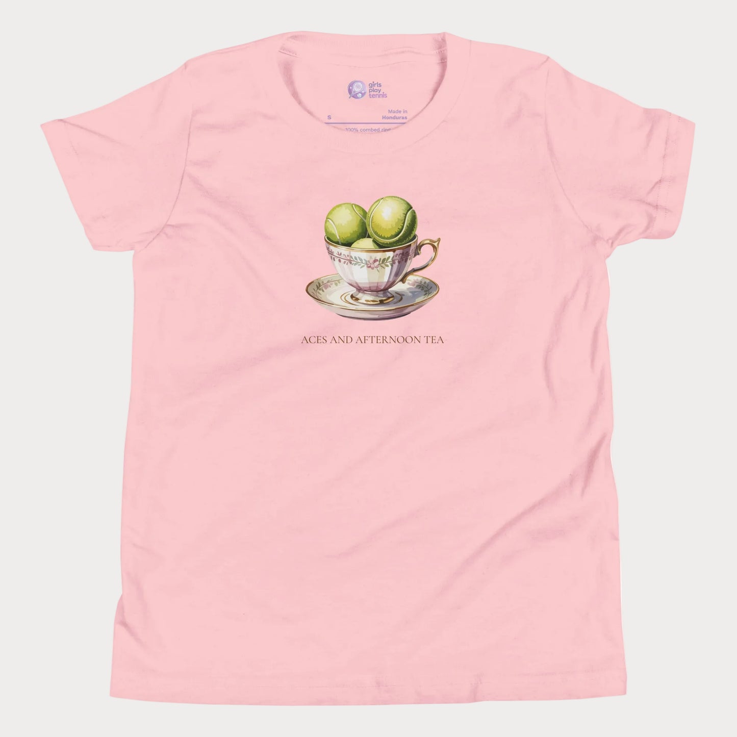 Aces and Afternoon Tea tennis t-shirt in pink featuring a teacup with tennis balls design for girls and women