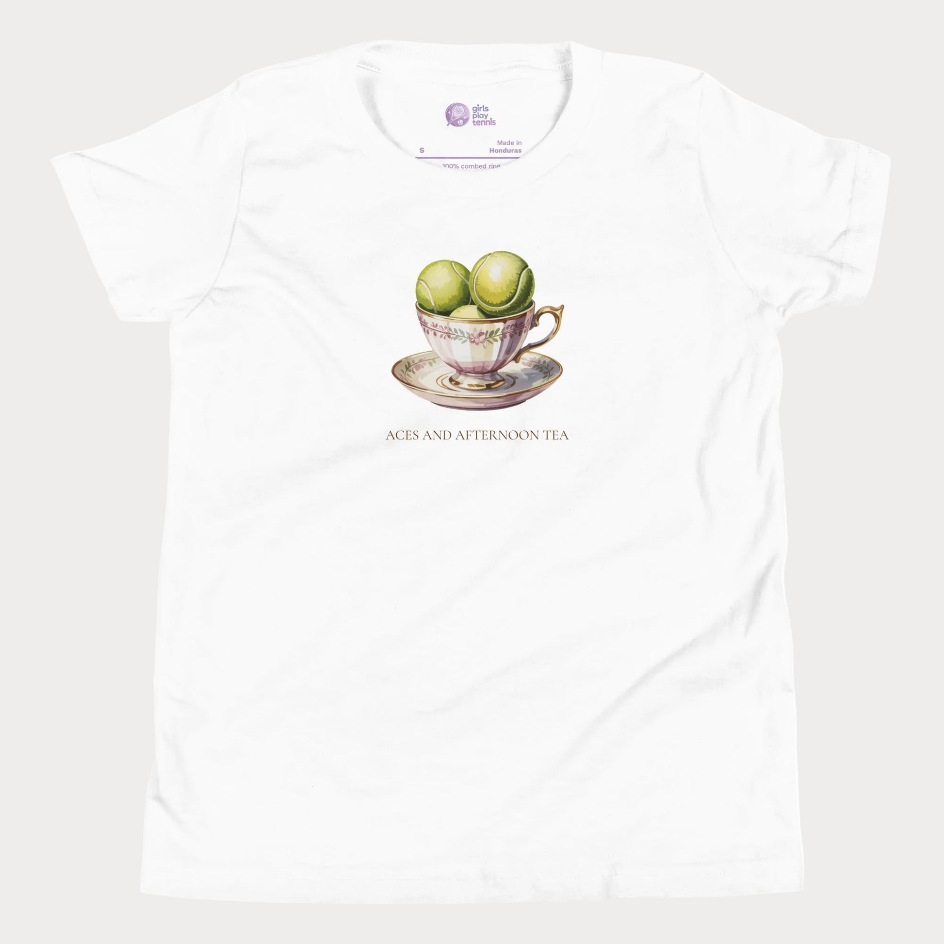 Aces and Afternoon Tea tennis t-shirt in white featuring a teacup with tennis balls design for girls and women