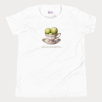 Aces and Afternoon Tea tennis t-shirt in white featuring a teacup with tennis balls design for girls and women