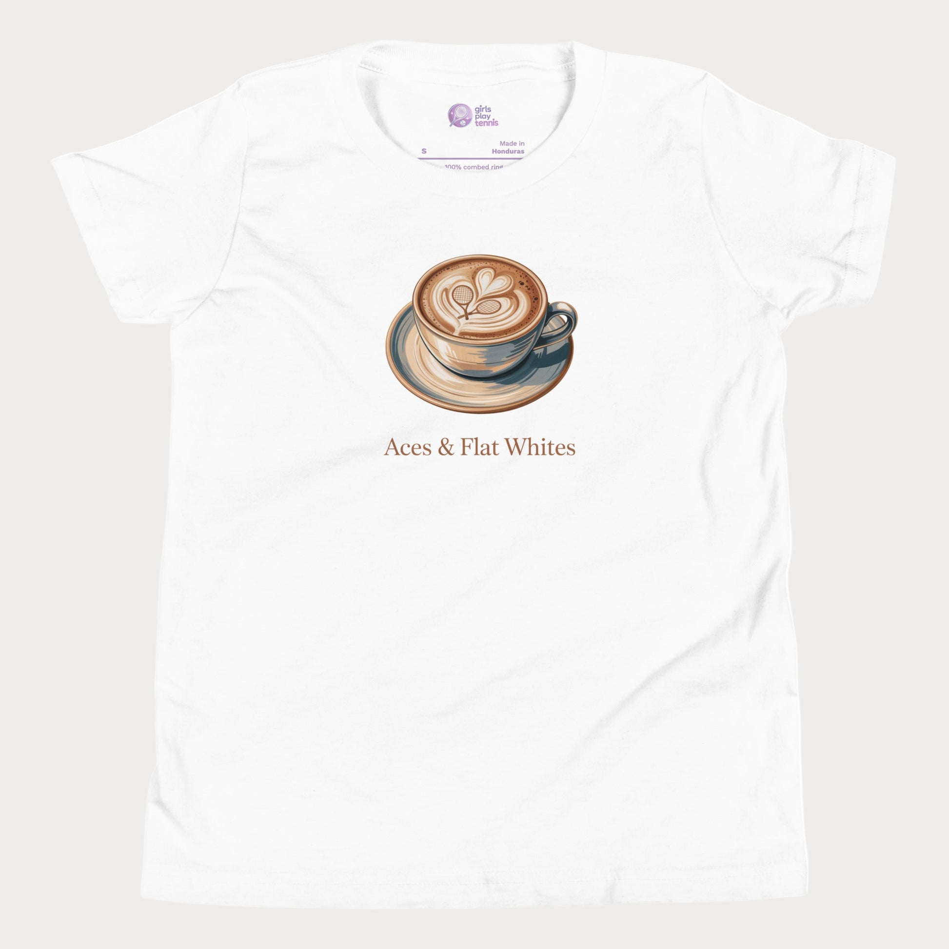 Aces & Flat Whites tennis and coffee t-shirt featuring a flat white illustration inspired by Melbourne café culture