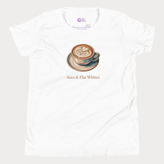 Aces & Flat Whites tennis and coffee t-shirt featuring a flat white illustration inspired by Melbourne café culture
