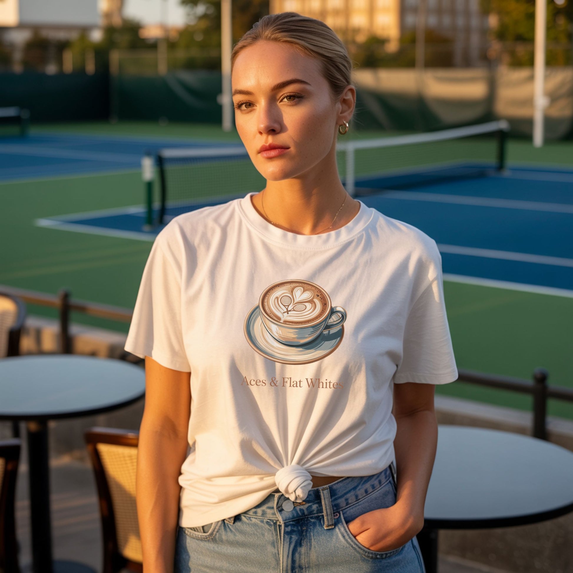 A woman standing near a tennis court and wearing an Aces & Flat Whites tennis and coffee t-shirt featuring a flat white illustration inspired by Melbourne café culture.