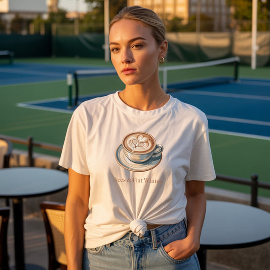 A woman standing near a tennis court and wearing an Aces & Flat Whites tennis and coffee t-shirt featuring a flat white illustration inspired by Melbourne café culture.