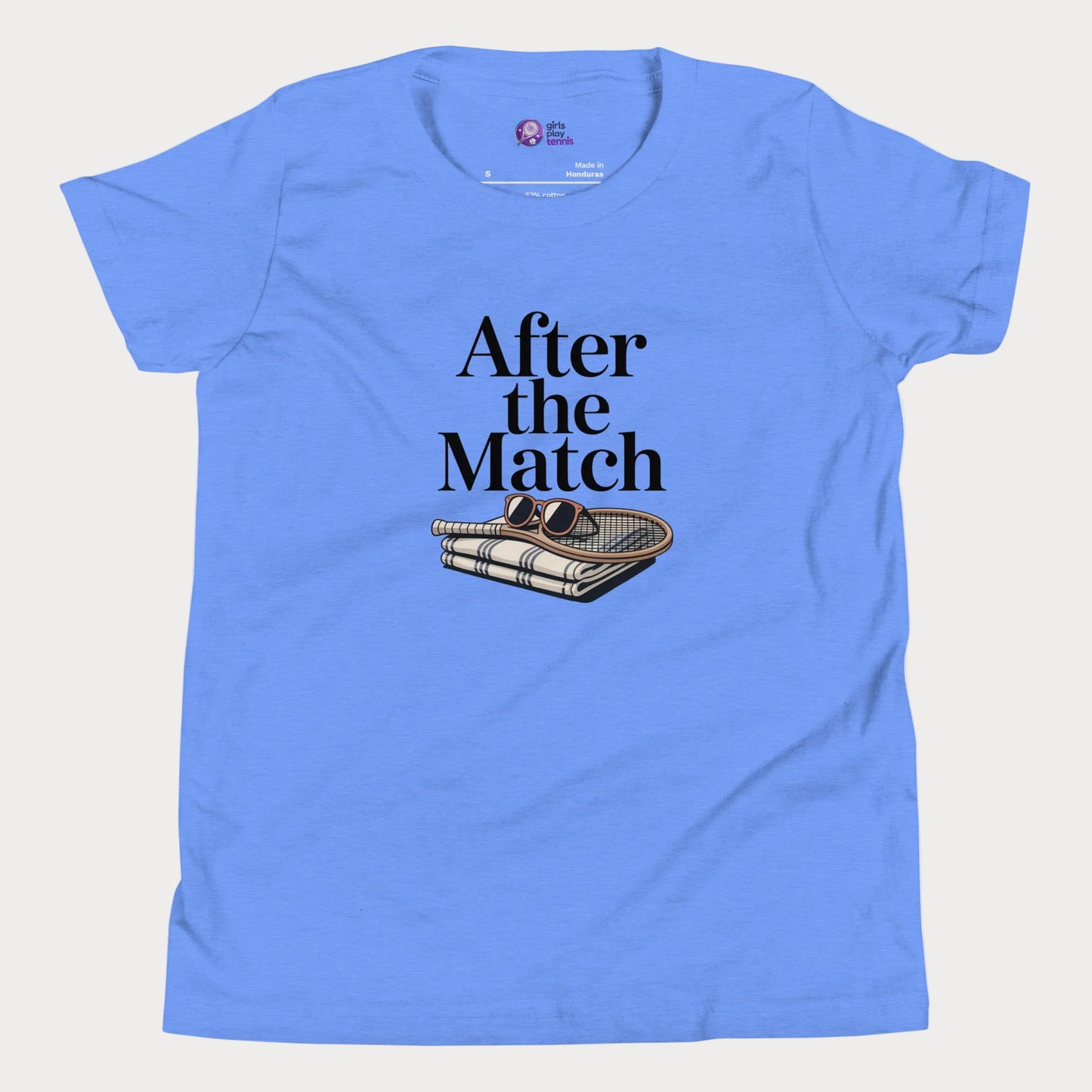 After the Match girls and women’s tennis tee in blue with towel and sunglasses graphic premium cotton shirt