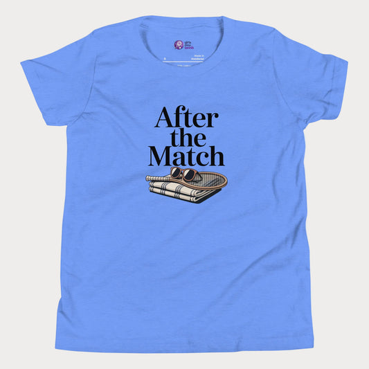 After the Match girls and women’s tennis tee in blue with towel and sunglasses graphic premium cotton shirt