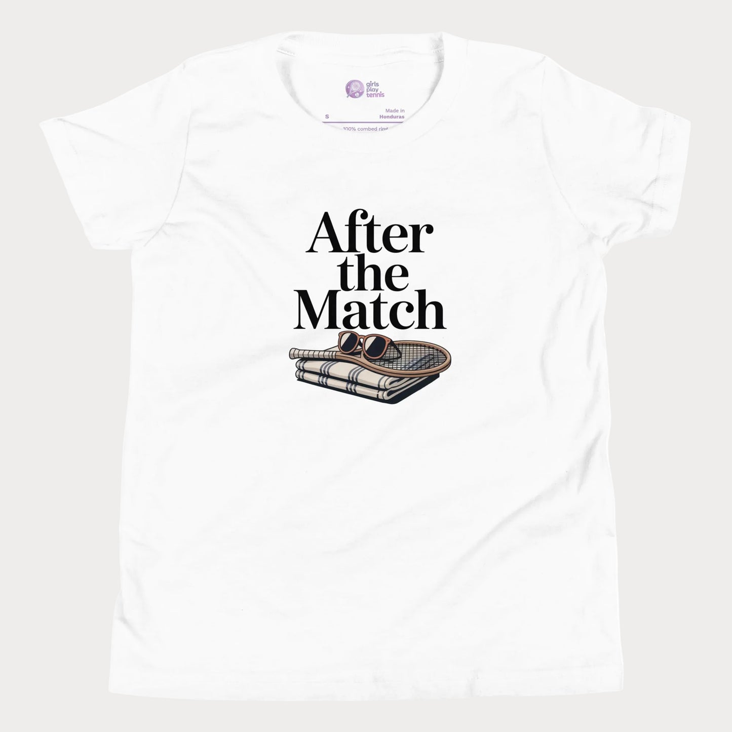 After the Match girls and women’s tennis tee in white with towel and sunglasses graphic premium cotton shirt