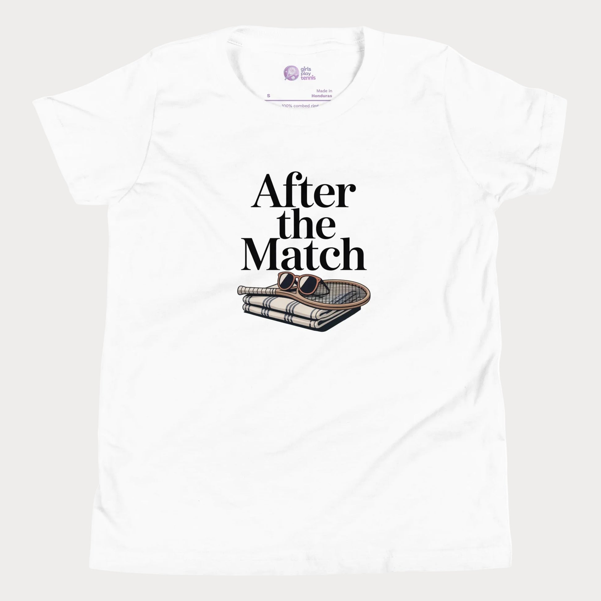 After the Match girls and women’s tennis tee in white with towel and sunglasses graphic premium cotton shirt