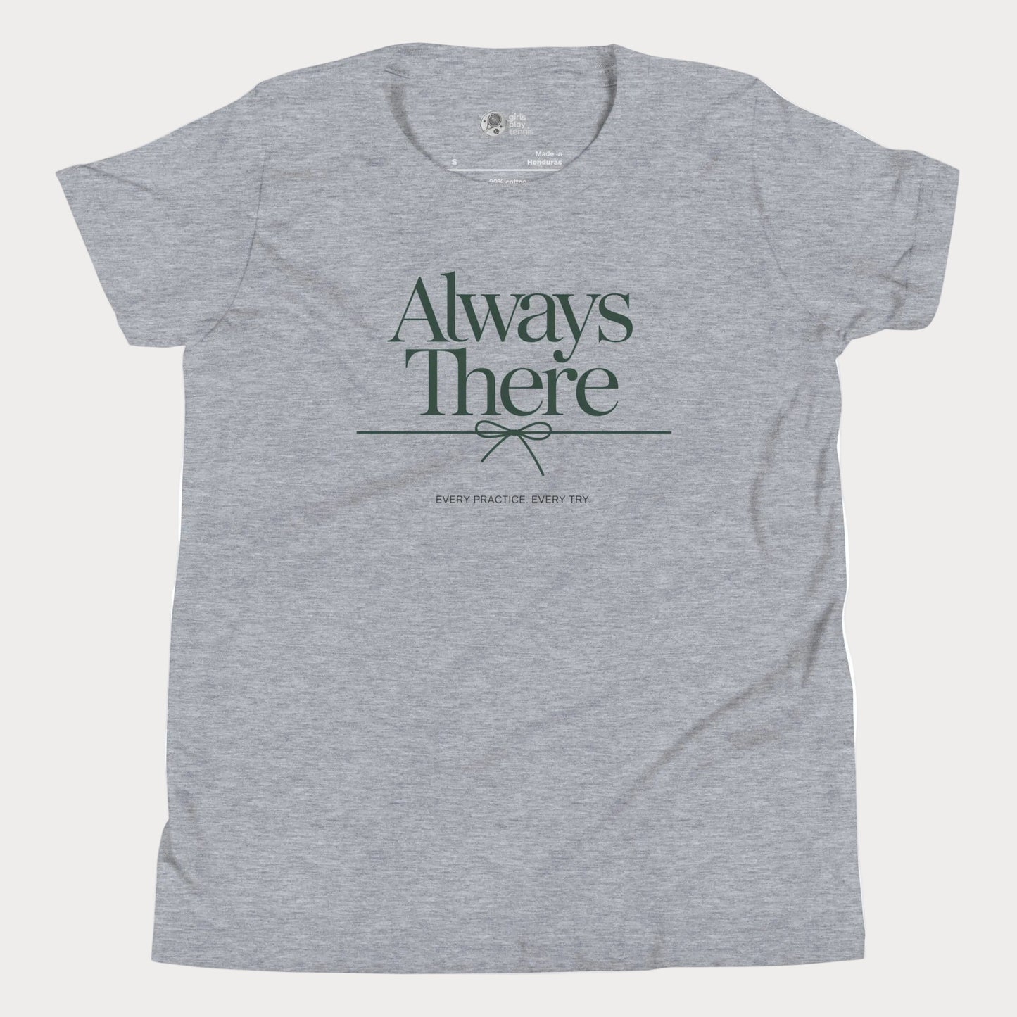 Always There tennis t-shirt in athletic grey with green typography for girls and women