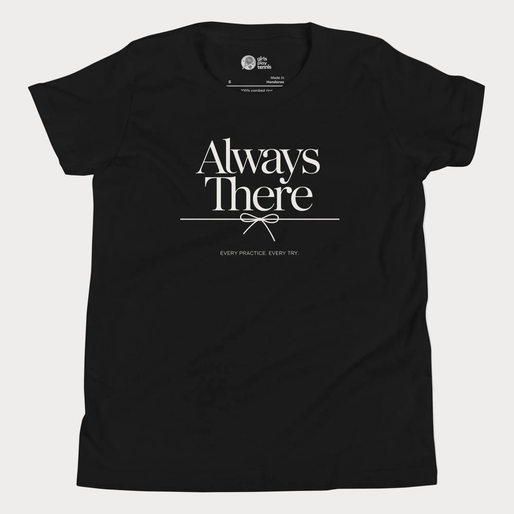 Always There tennis t-shirt in black with green typography for girls and women