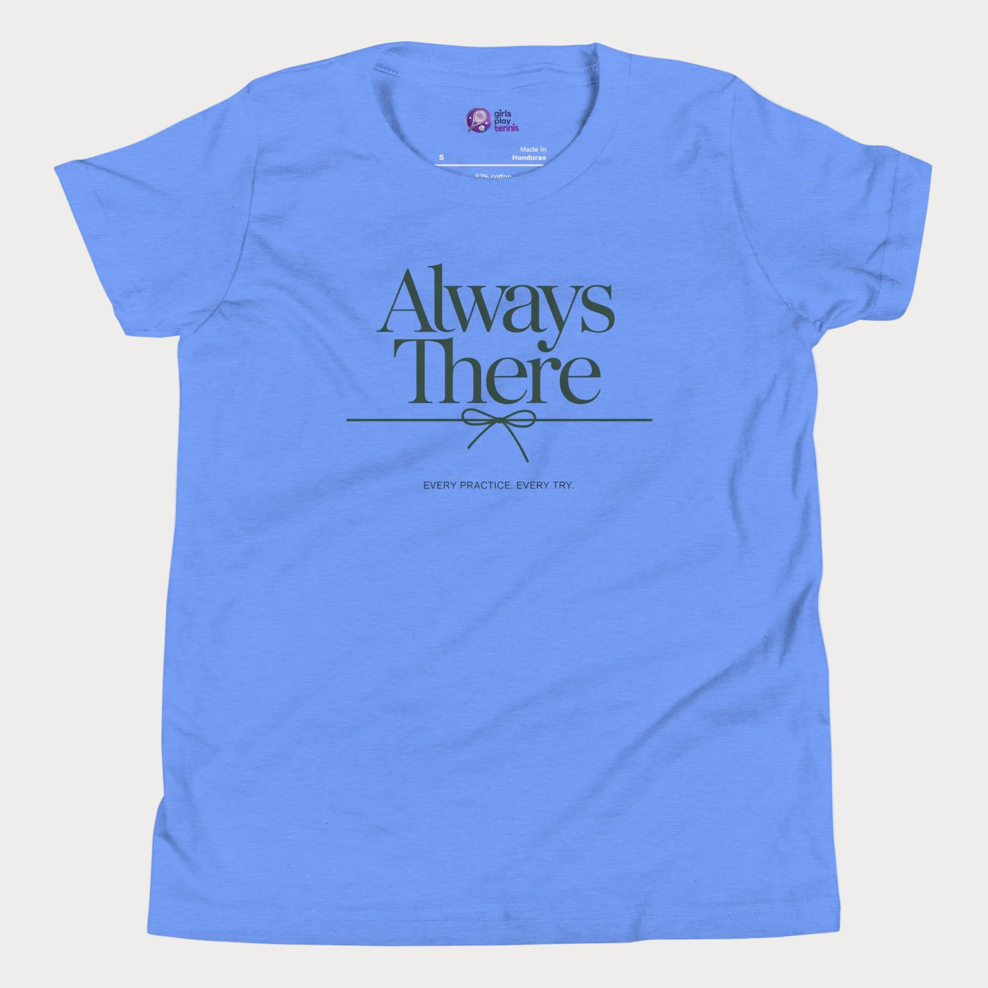 Always There tennis t-shirt in blue with green typography for girls and women