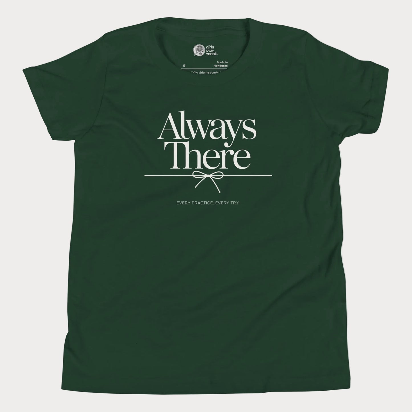 Always There tennis t-shirt in forest green with green typography for girls and women