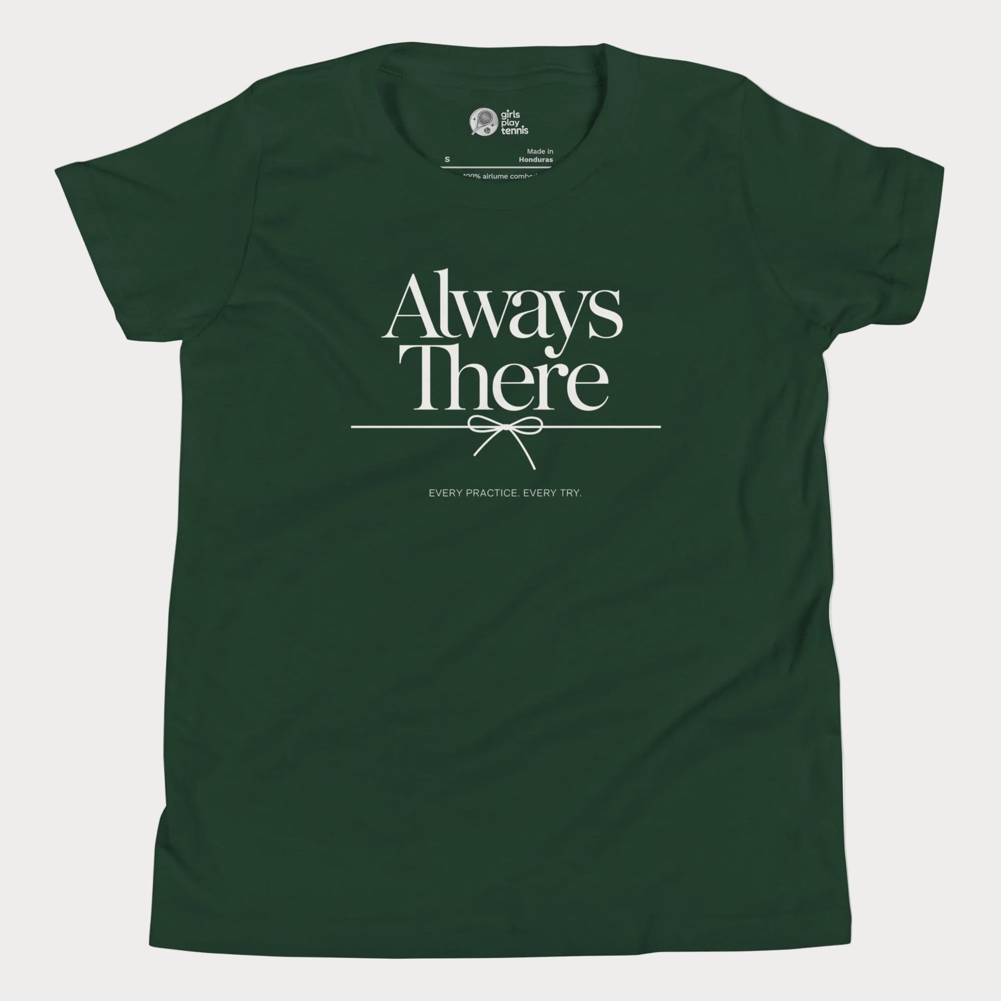 Always There tennis t-shirt in forest green with green typography for girls and women