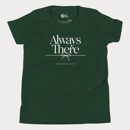 Always There tennis t-shirt in forest green with green typography for girls and women