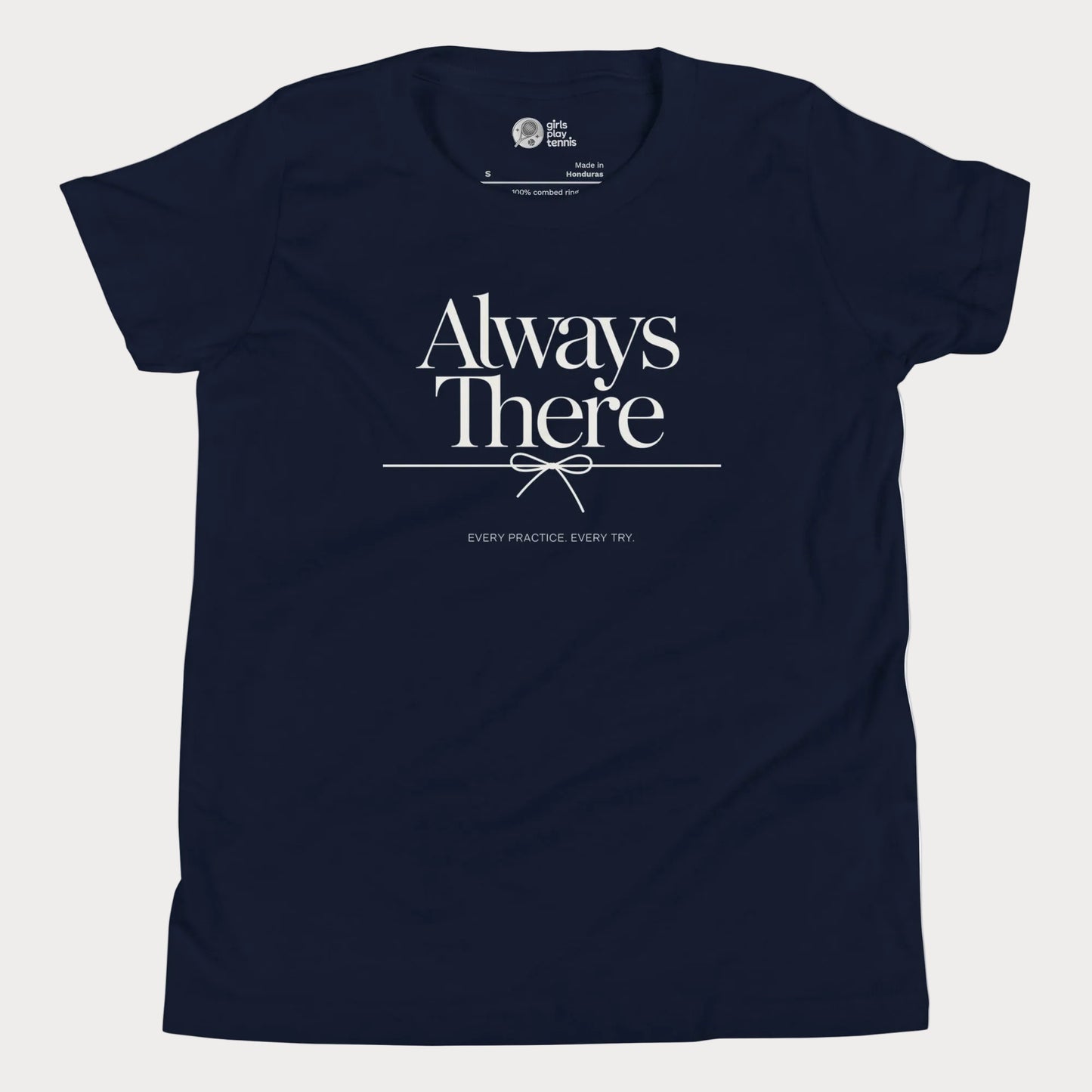 Always There tennis t-shirt in navy with green typography for girls and women