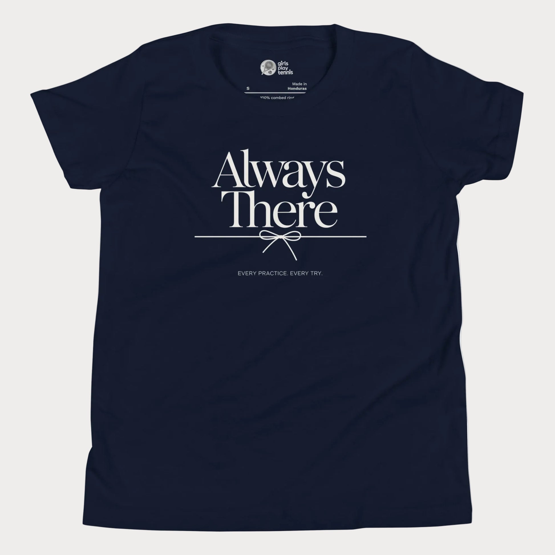 Always There tennis t-shirt in navy with green typography for girls and women