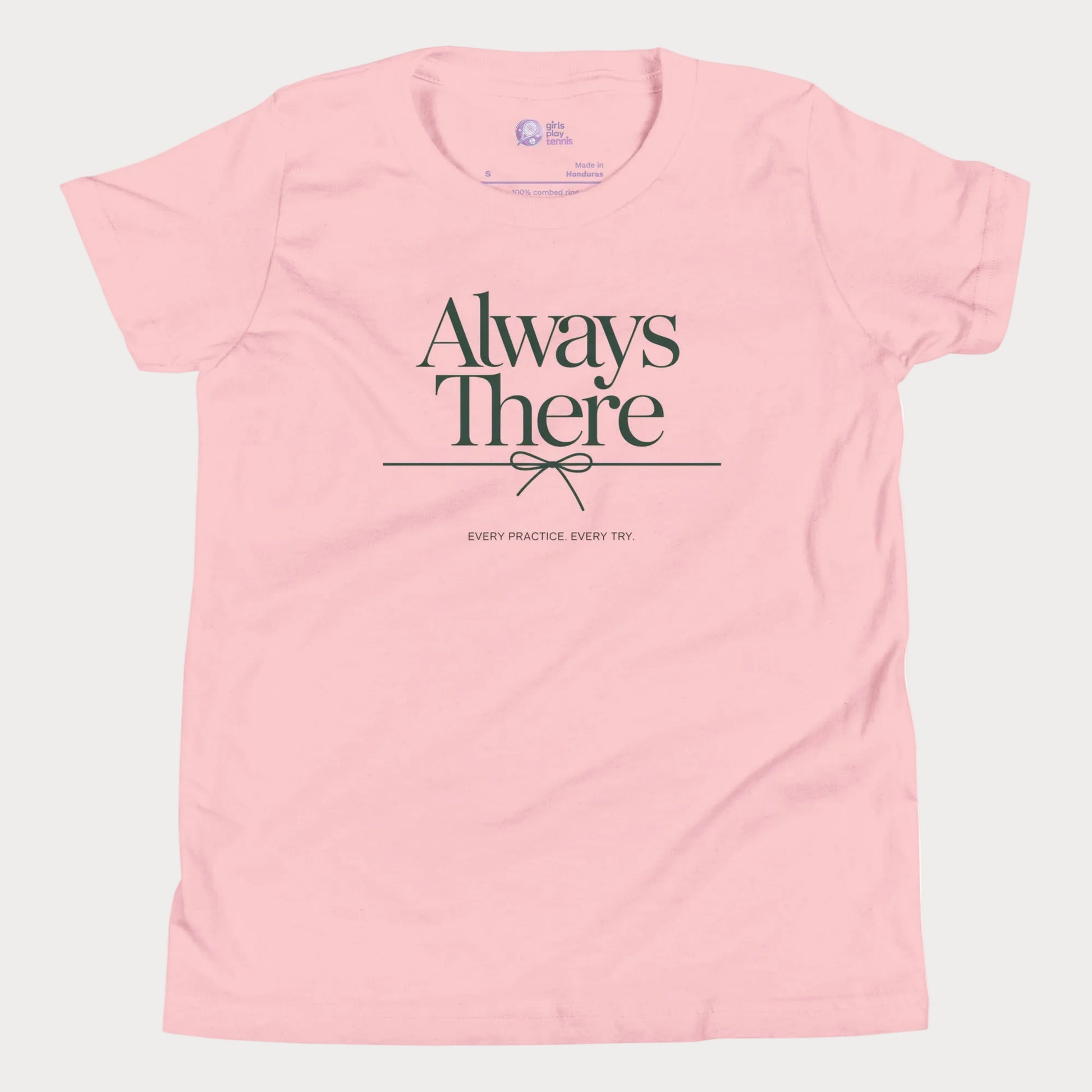 Always There tennis t-shirt in pink with green typography for girls and women