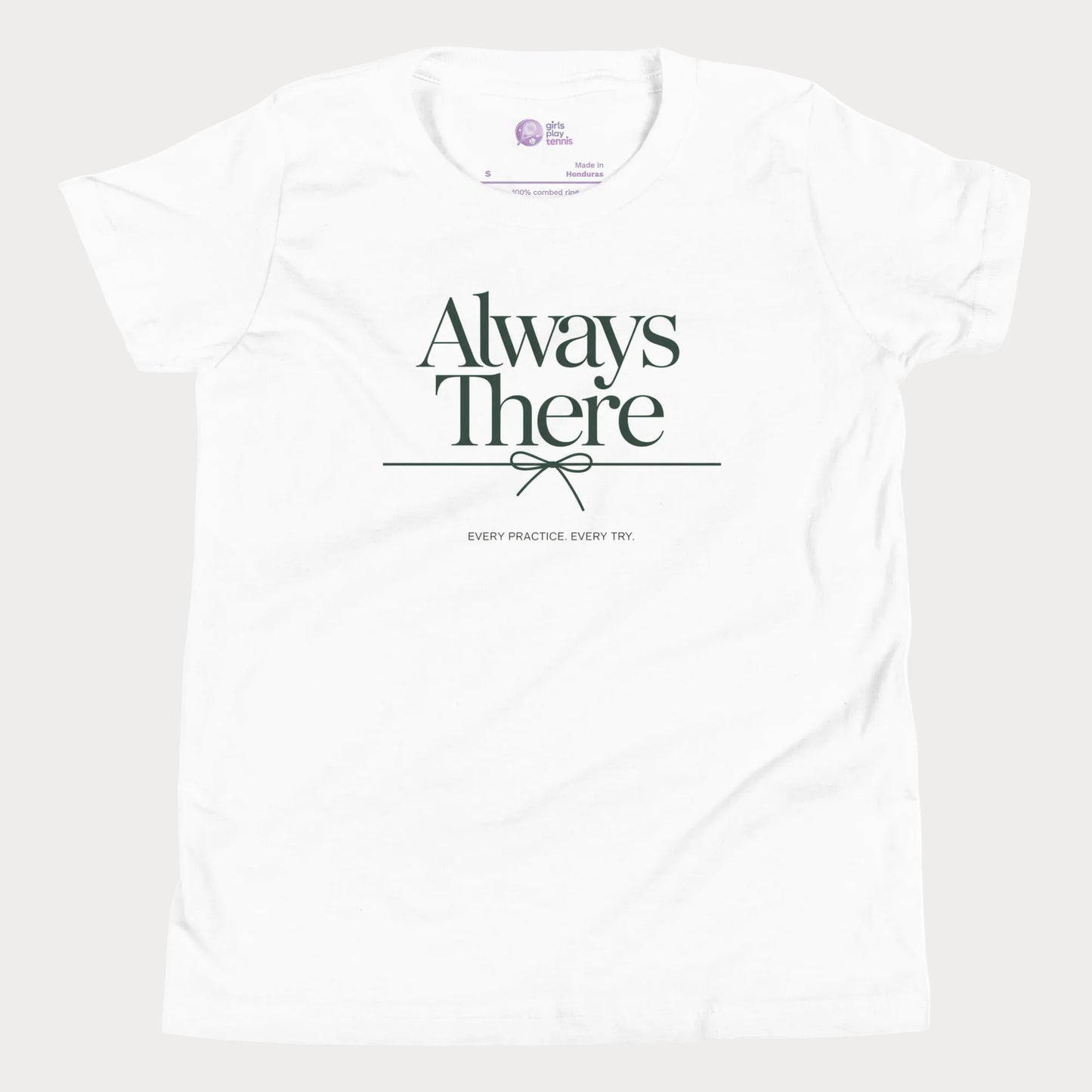 Always There tennis t-shirt in white with green typography for girls and women