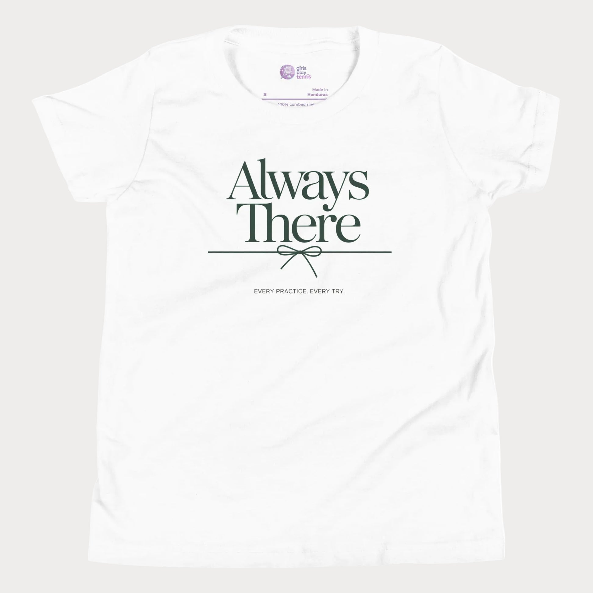 Always There tennis t-shirt in white with green typography for girls and women