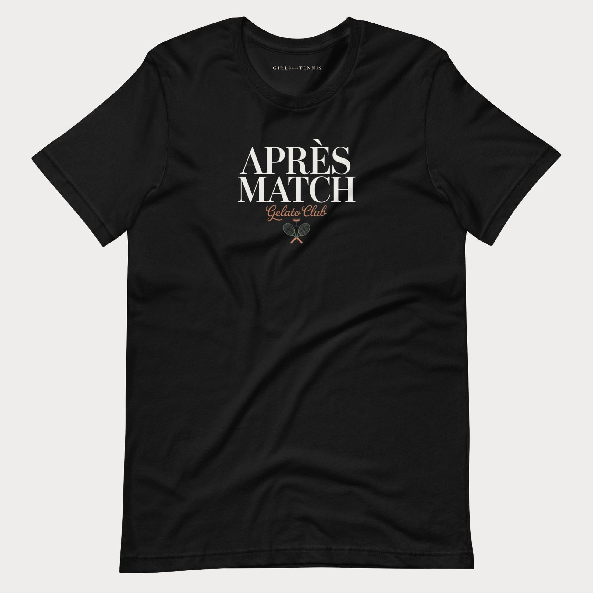 A black short-sleeve crewneck women's tennis t-shirt with a graphic on the chest reading 'APRÈS MATCH Gelato Club' in white and gold, displayed against a light gray background.