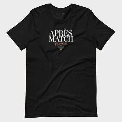 A black short-sleeve crewneck women's tennis t-shirt with a graphic on the chest reading 'APRÈS MATCH Gelato Club' in white and gold, displayed against a light gray background.