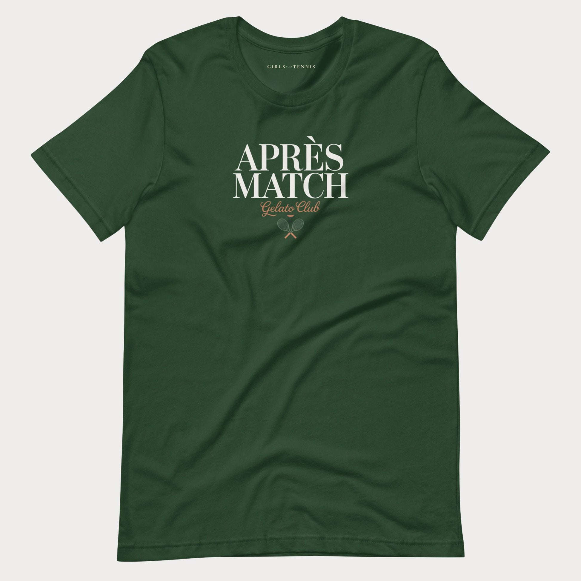 A forest green short-sleeve women's tennis t-shirt with 'APRÈS MATCH Gelato Club' printed in white and gold on the chest, displayed flat against a light gray background.